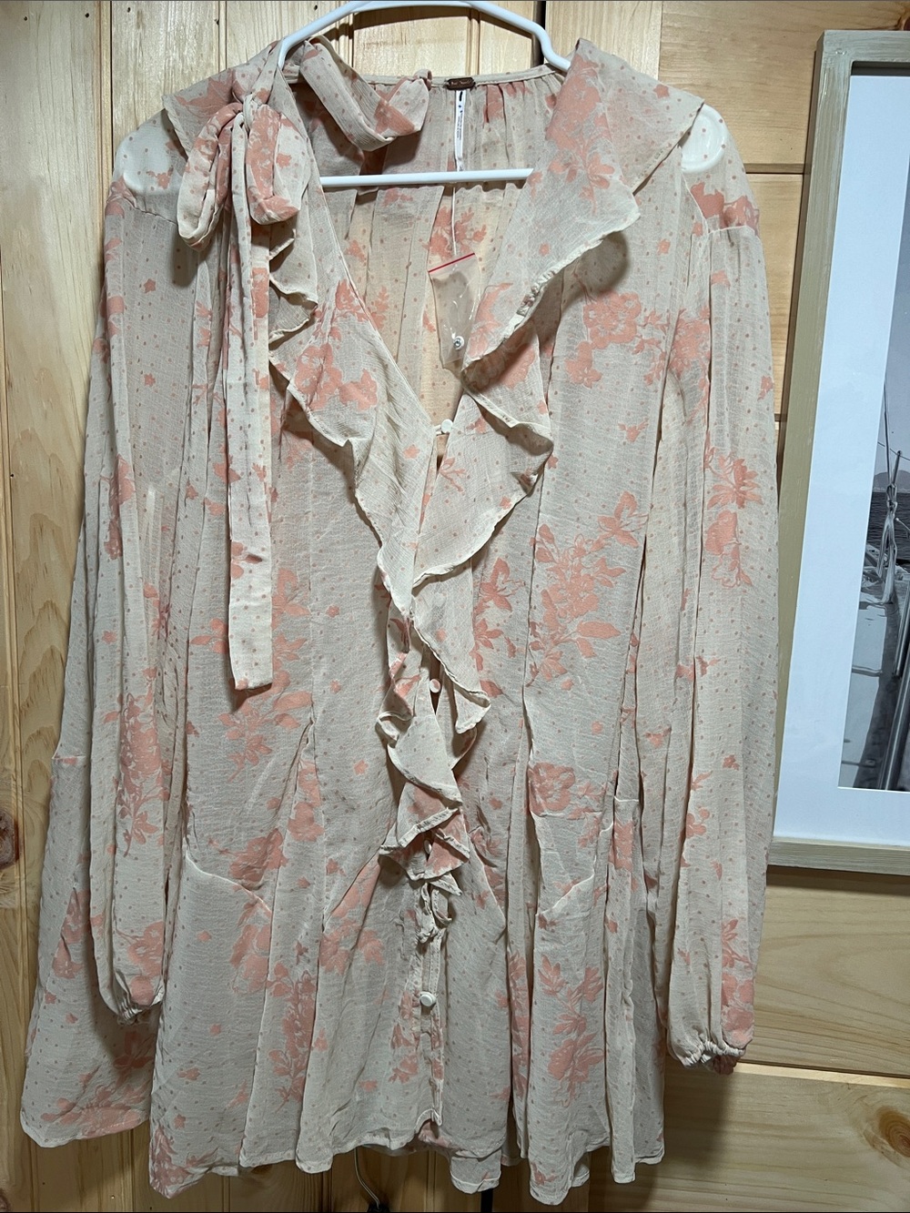 Free People Cream Blouse with Peach Floral Ruffle Tie-Neck